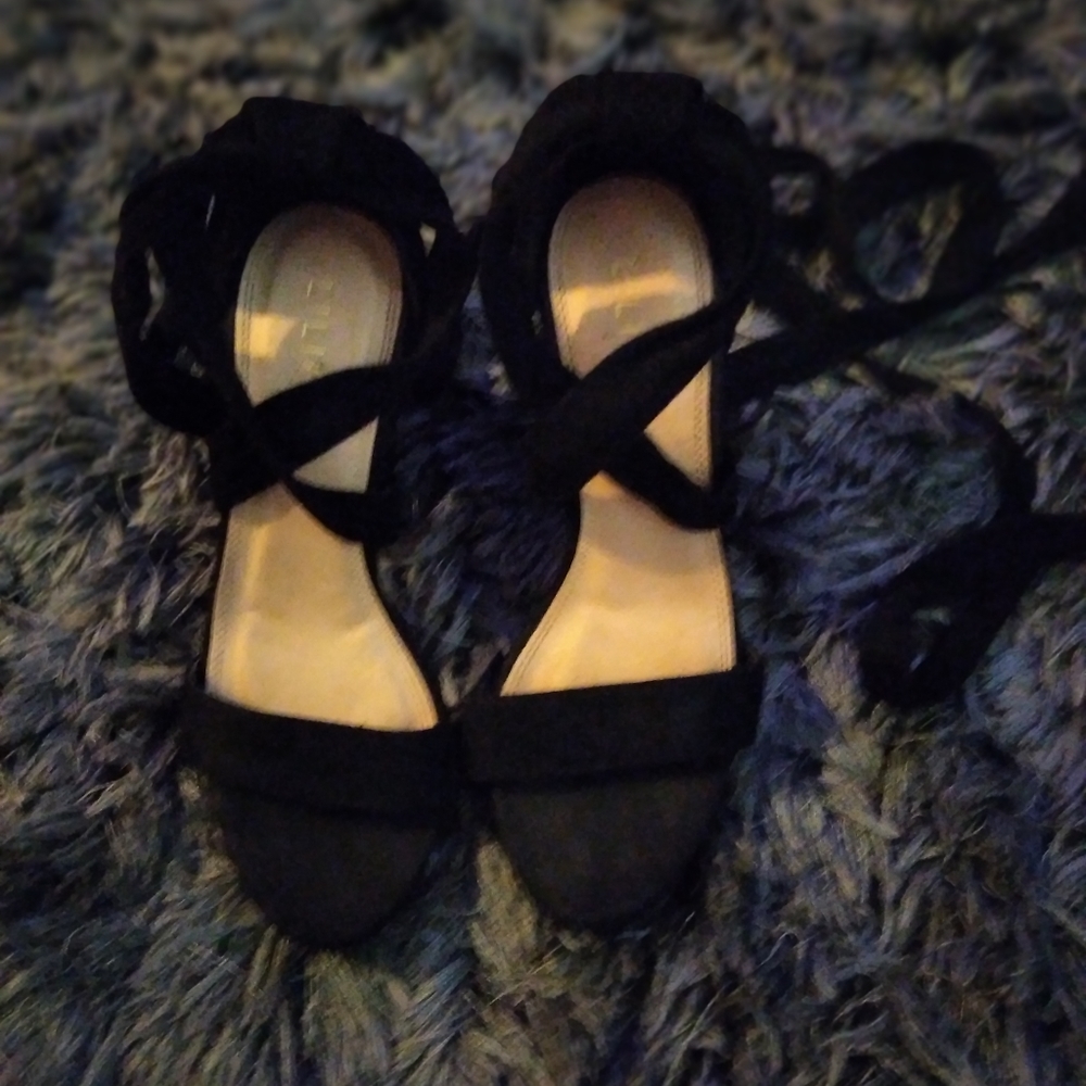 Black suede strap/lace up heels